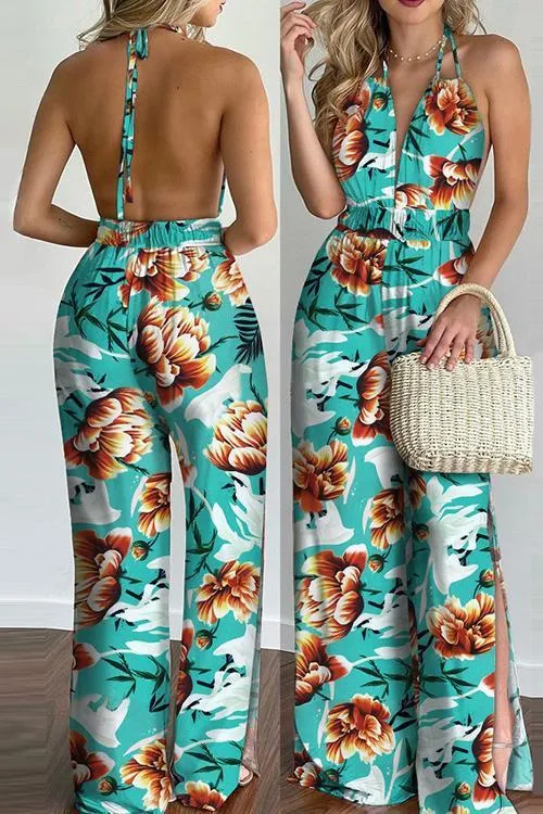 Floral Print Backless Slit Slip Jumpsuits