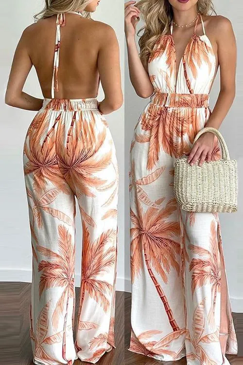 Floral Print Backless Slit Slip Jumpsuits