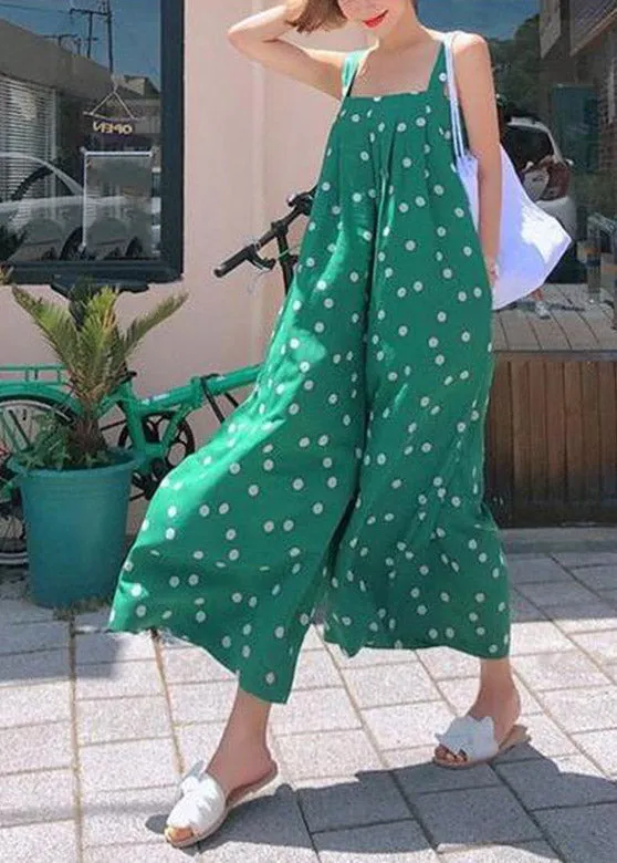 French Green Slash Neck Print Chiffon Wide Leg Jumpsuits Summer