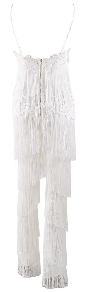 Fringed Halter Jumpsuit in White