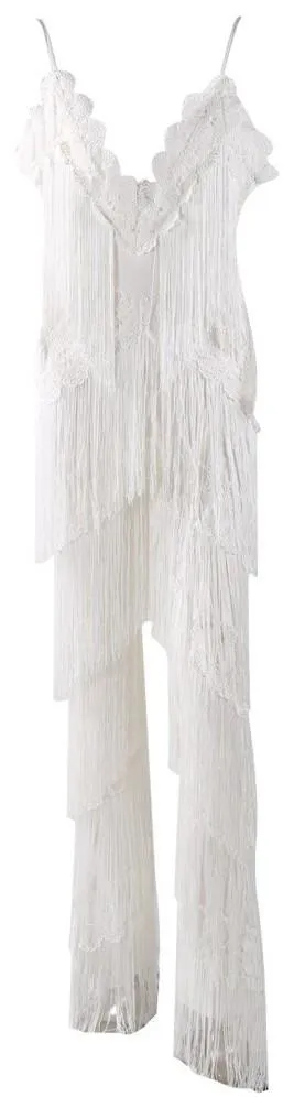 Fringed Halter Jumpsuit in White