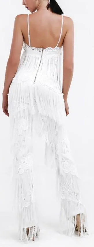 Fringed Halter Jumpsuit in White