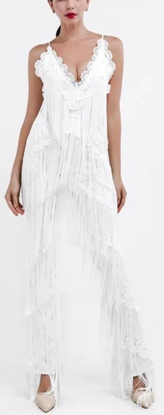 Fringed Halter Jumpsuit in White