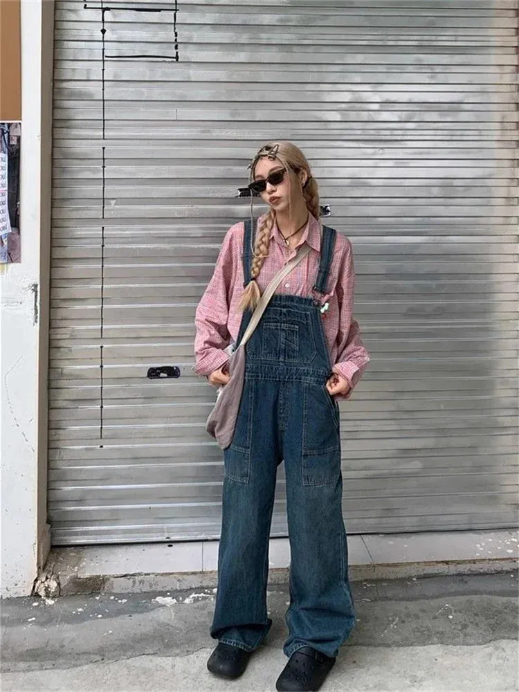 Girlary Women's Vintage Blue Overalls Fashion Wide Leg Girl Suspender Jumpsuits Pants Female Streetwear Rompers Straight Denim Trouser