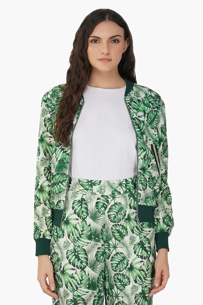 Green Palm Printed Bomber Jacket