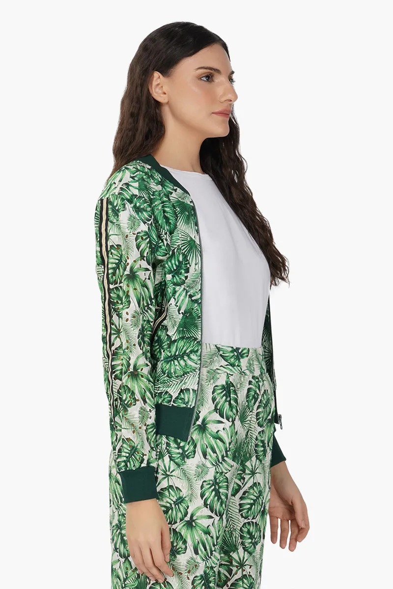 Green Palm Printed Bomber Jacket