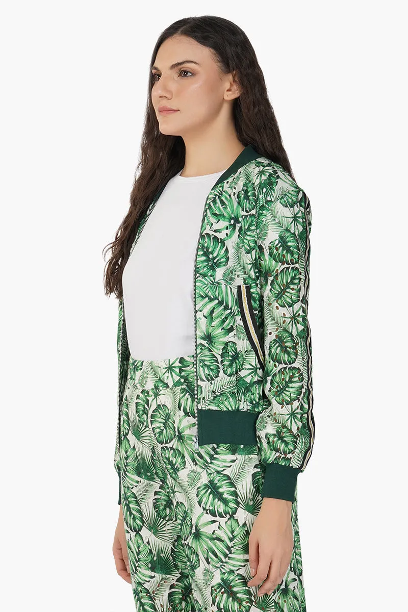 Green Palm Printed Bomber Jacket