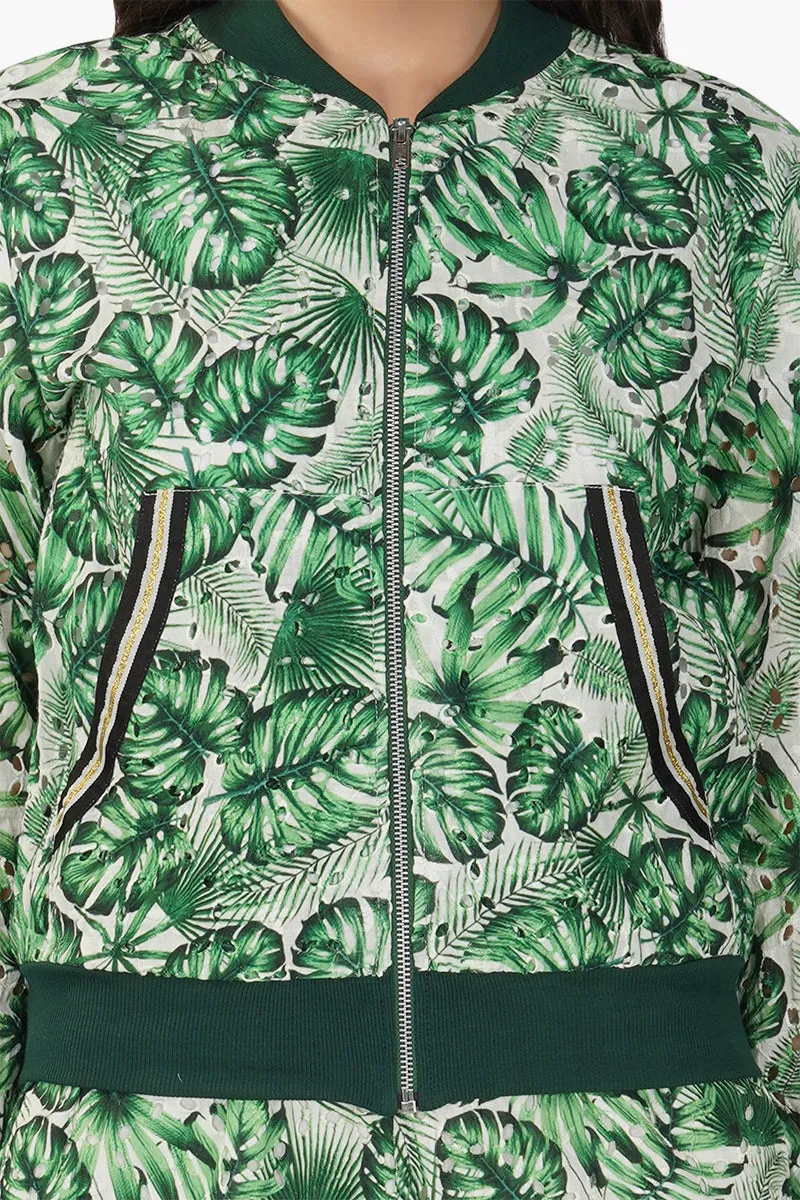 Green Palm Printed Bomber Jacket