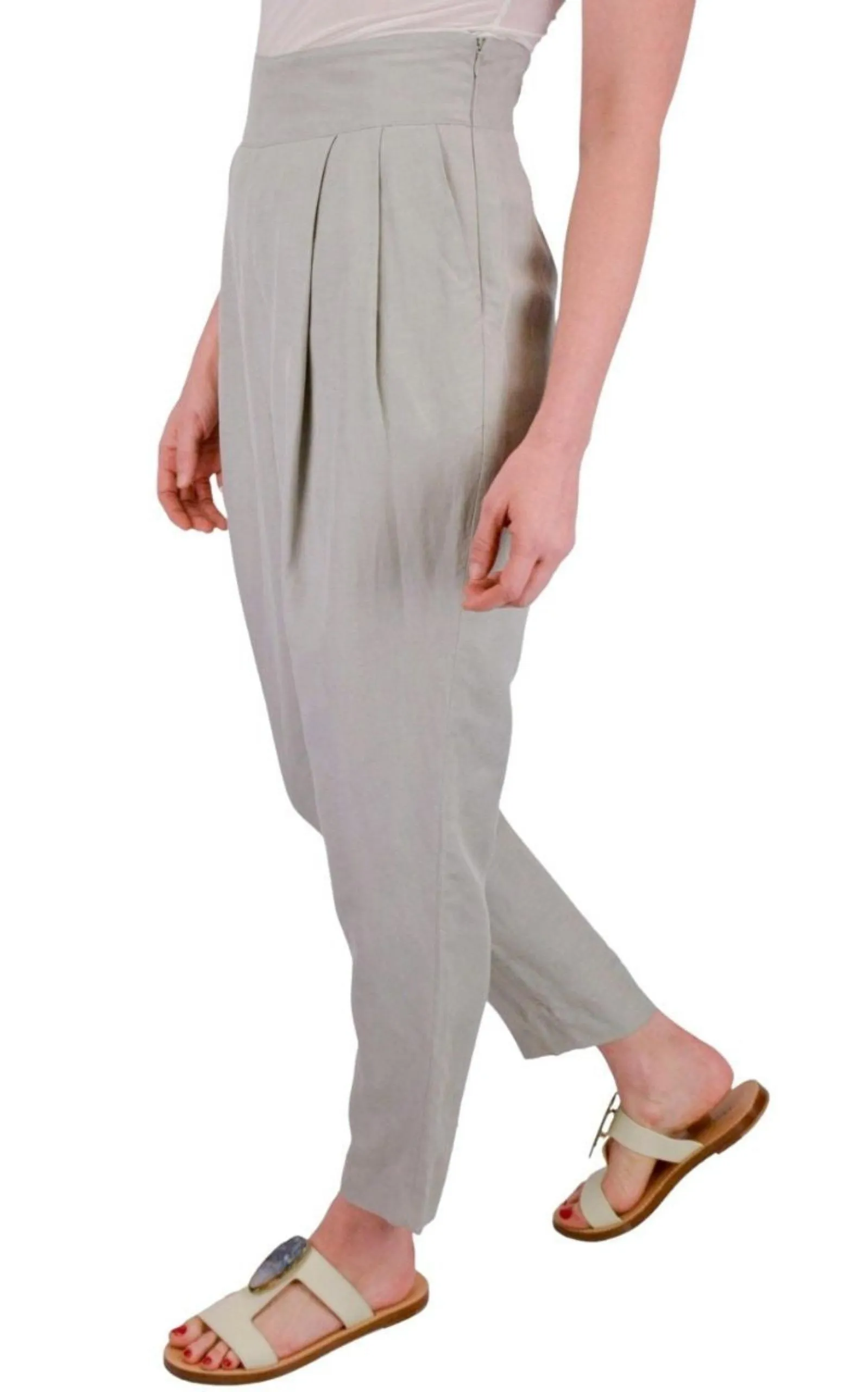 Grey Silk-linen blend Pleated Pants