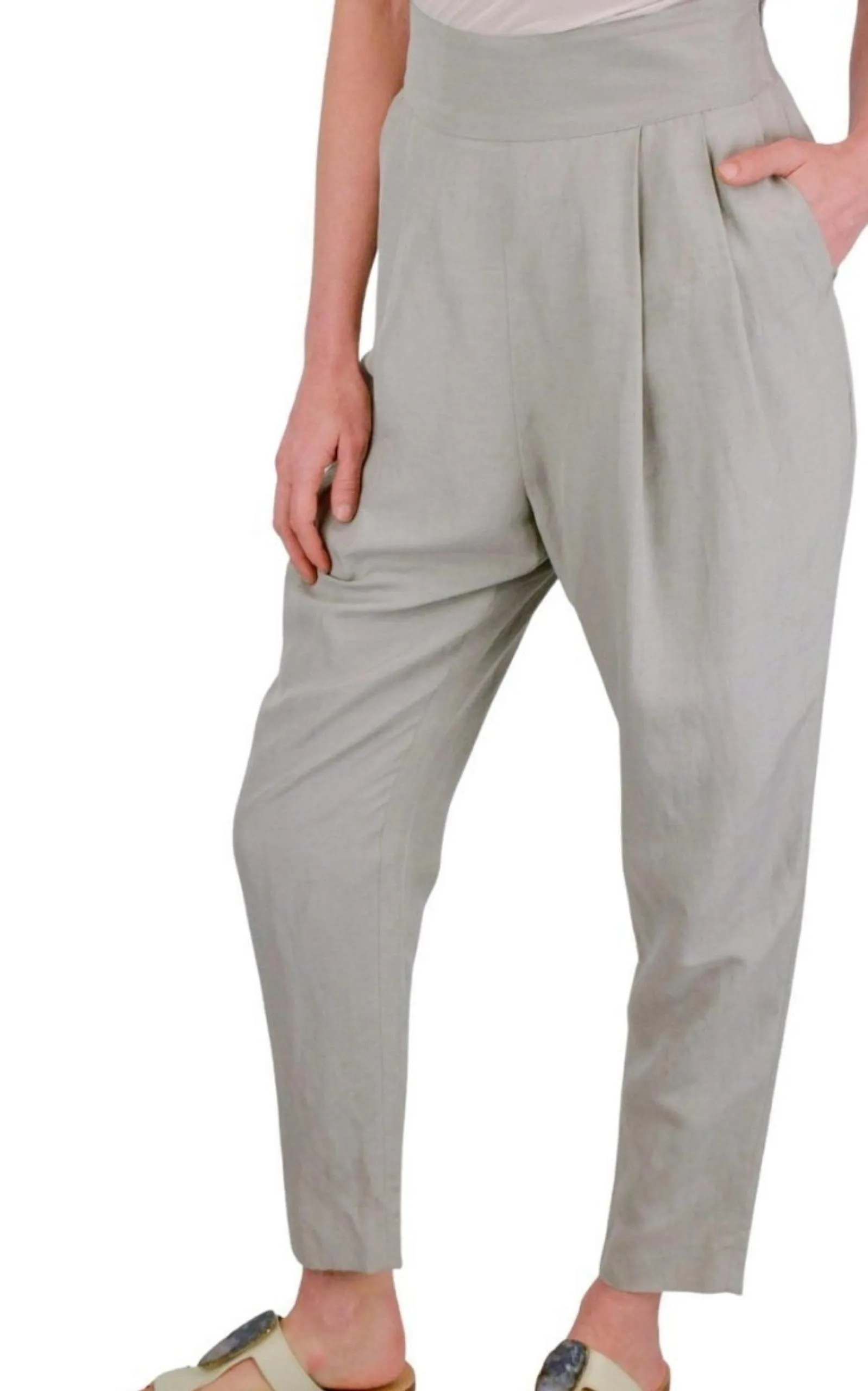 Grey Silk-linen blend Pleated Pants