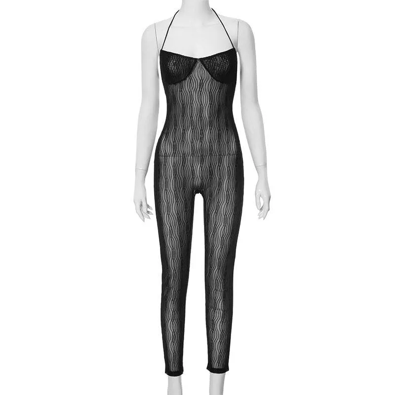 Halter mesh see through textured jumpsuit