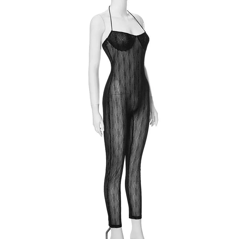 Halter mesh see through textured jumpsuit