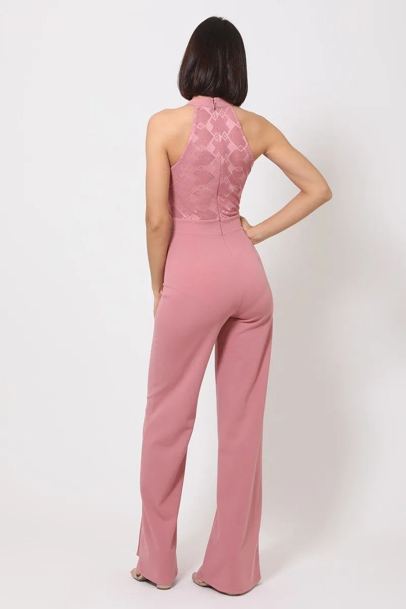 Halter Neck Jumpsuit W/ Criss Cross Front Tie Designs