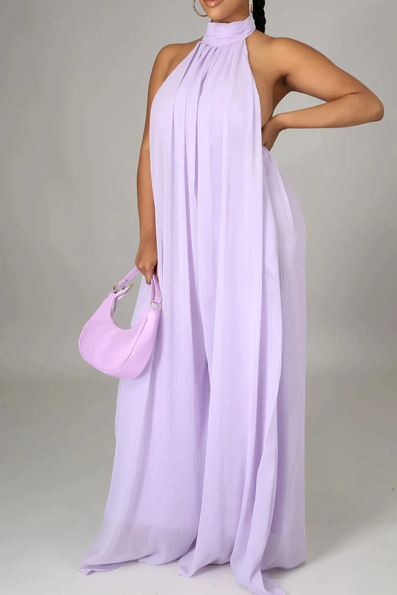 Halterneck Backless Chiffon Wide Leg Jumsuit