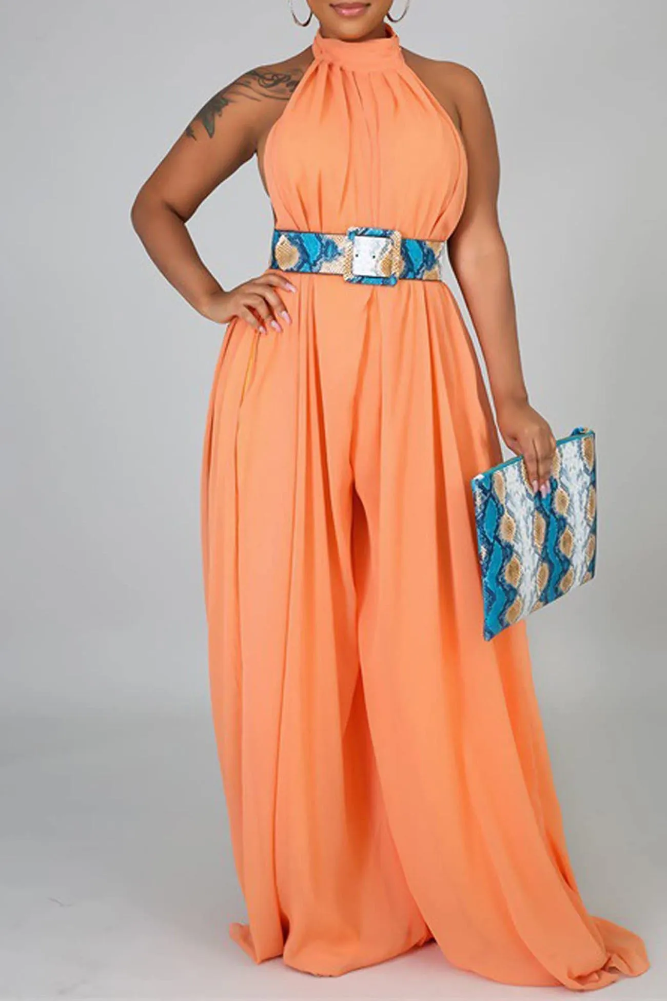 Halterneck Backless Chiffon Wide Leg Jumsuit