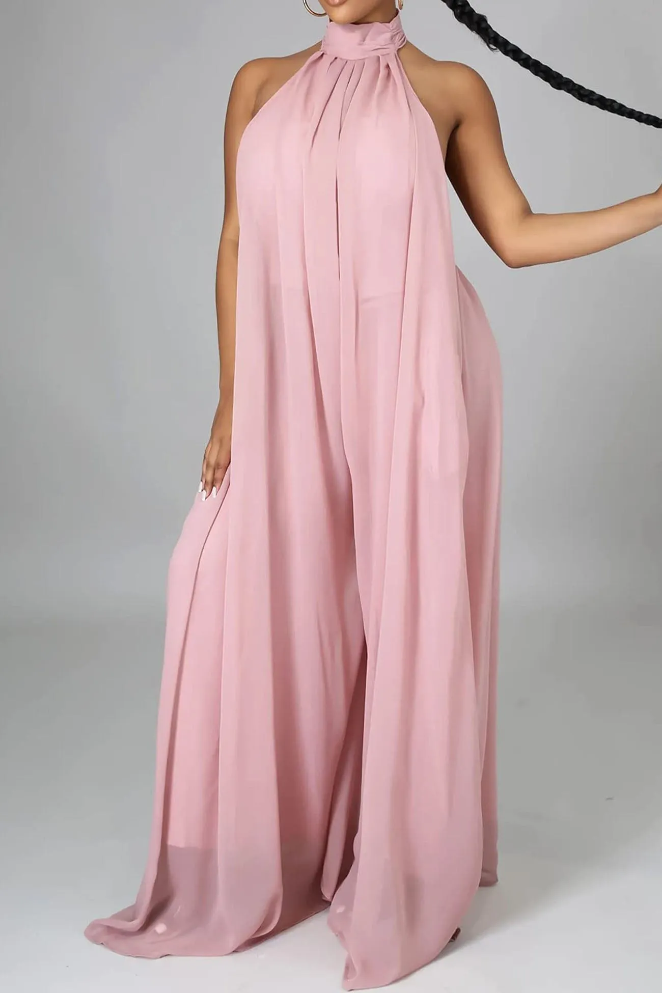 Halterneck Backless Chiffon Wide Leg Jumsuit