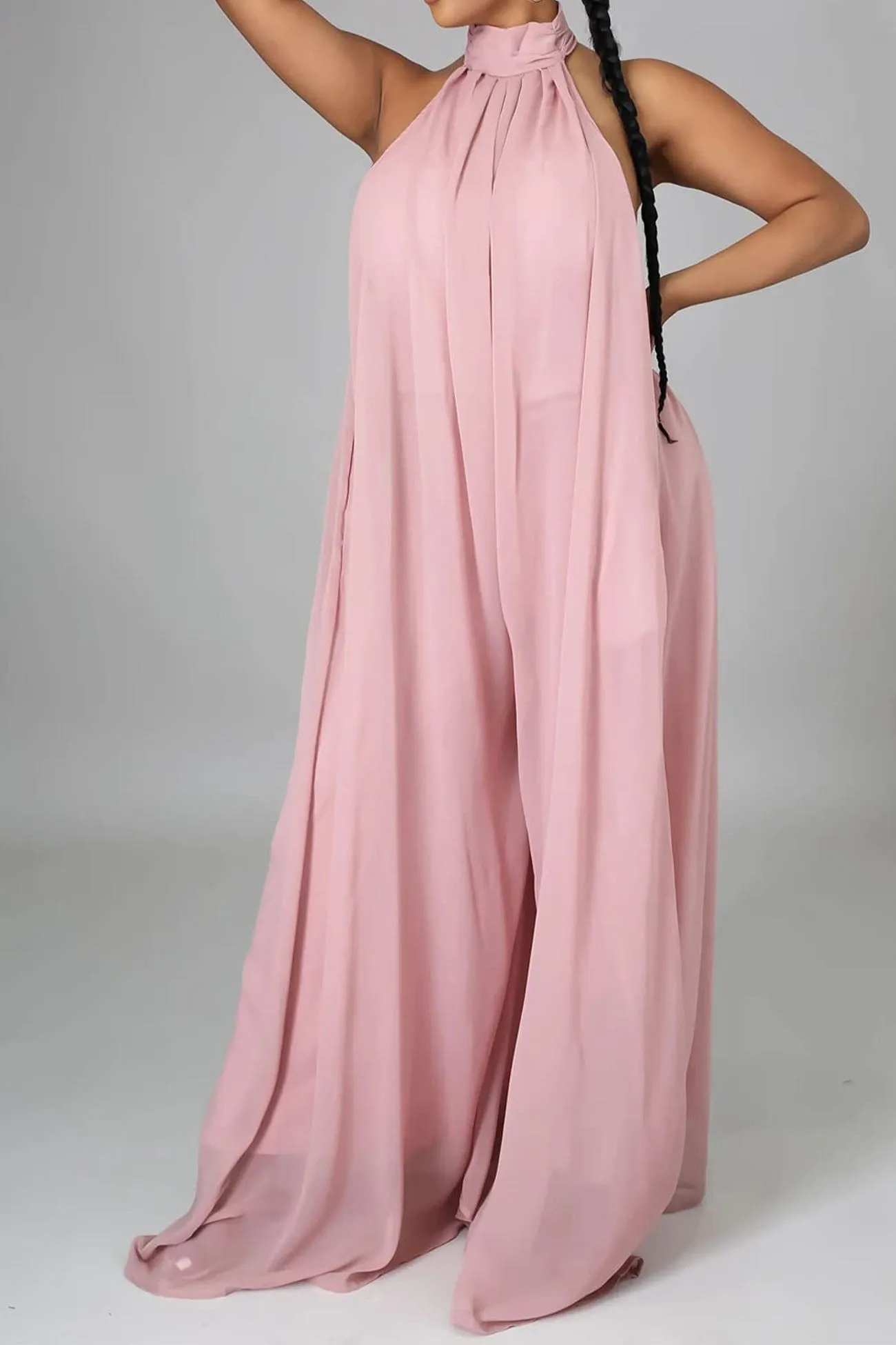 Halterneck Backless Chiffon Wide Leg Jumsuit