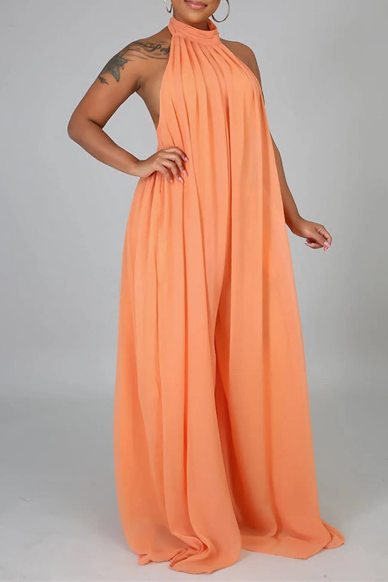 Halterneck Backless Chiffon Wide Leg Jumsuit