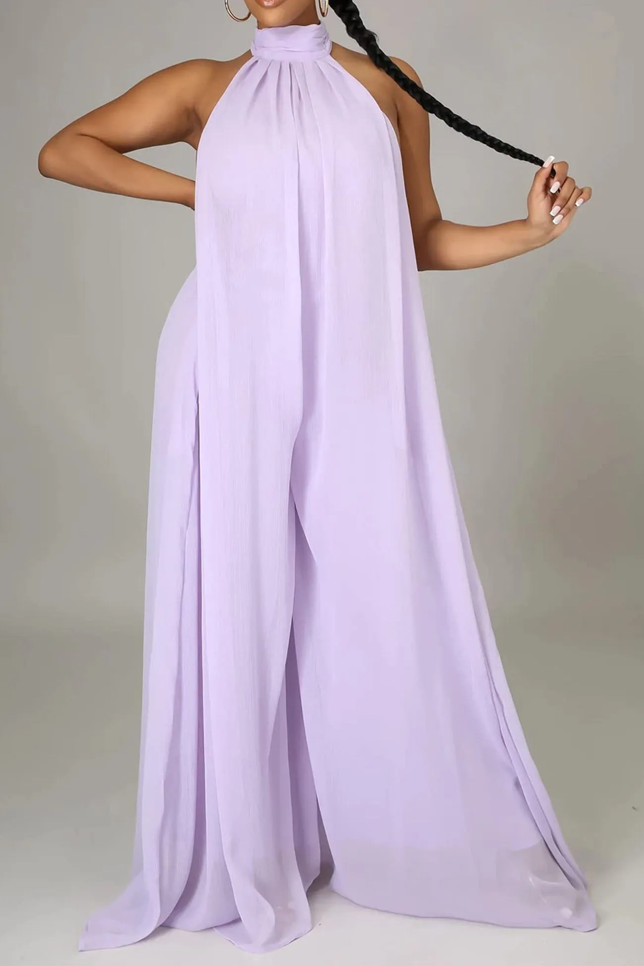 Halterneck Backless Chiffon Wide Leg Jumsuit