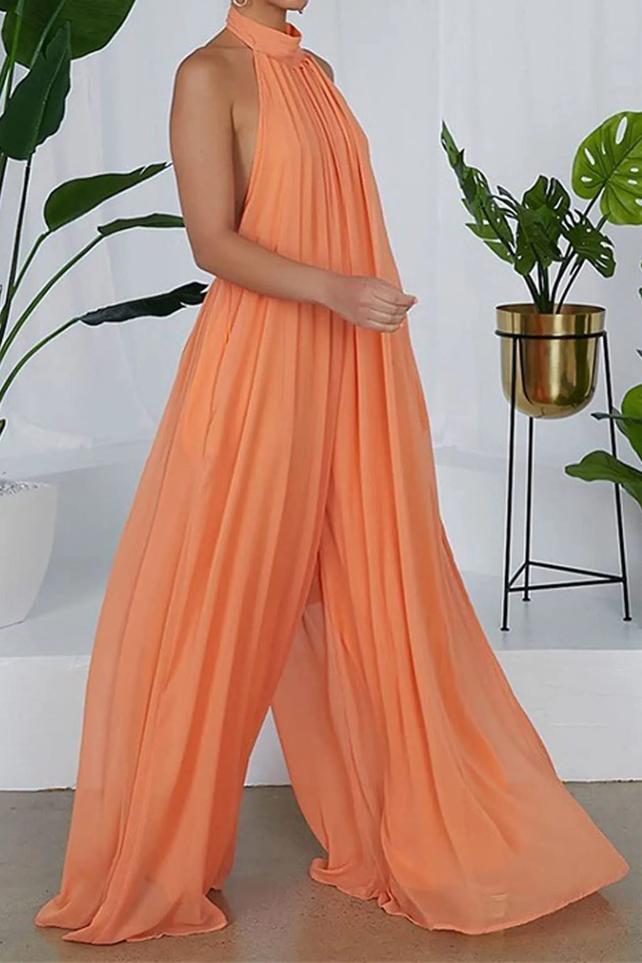 Halterneck Backless Chiffon Wide Leg Jumsuit