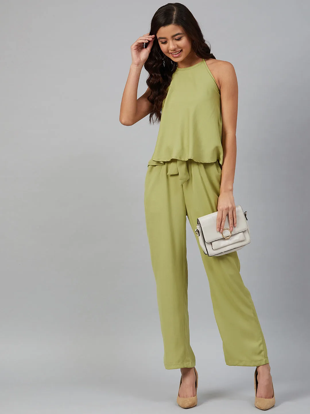 Jashvi Women Green-Coloured Solid Halter Neck Basic Jumpsuit