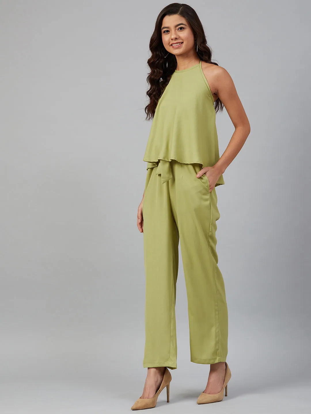 Jashvi Women Green-Coloured Solid Halter Neck Basic Jumpsuit