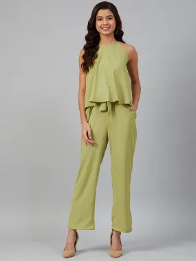 Jashvi Women Green-Coloured Solid Halter Neck Basic Jumpsuit