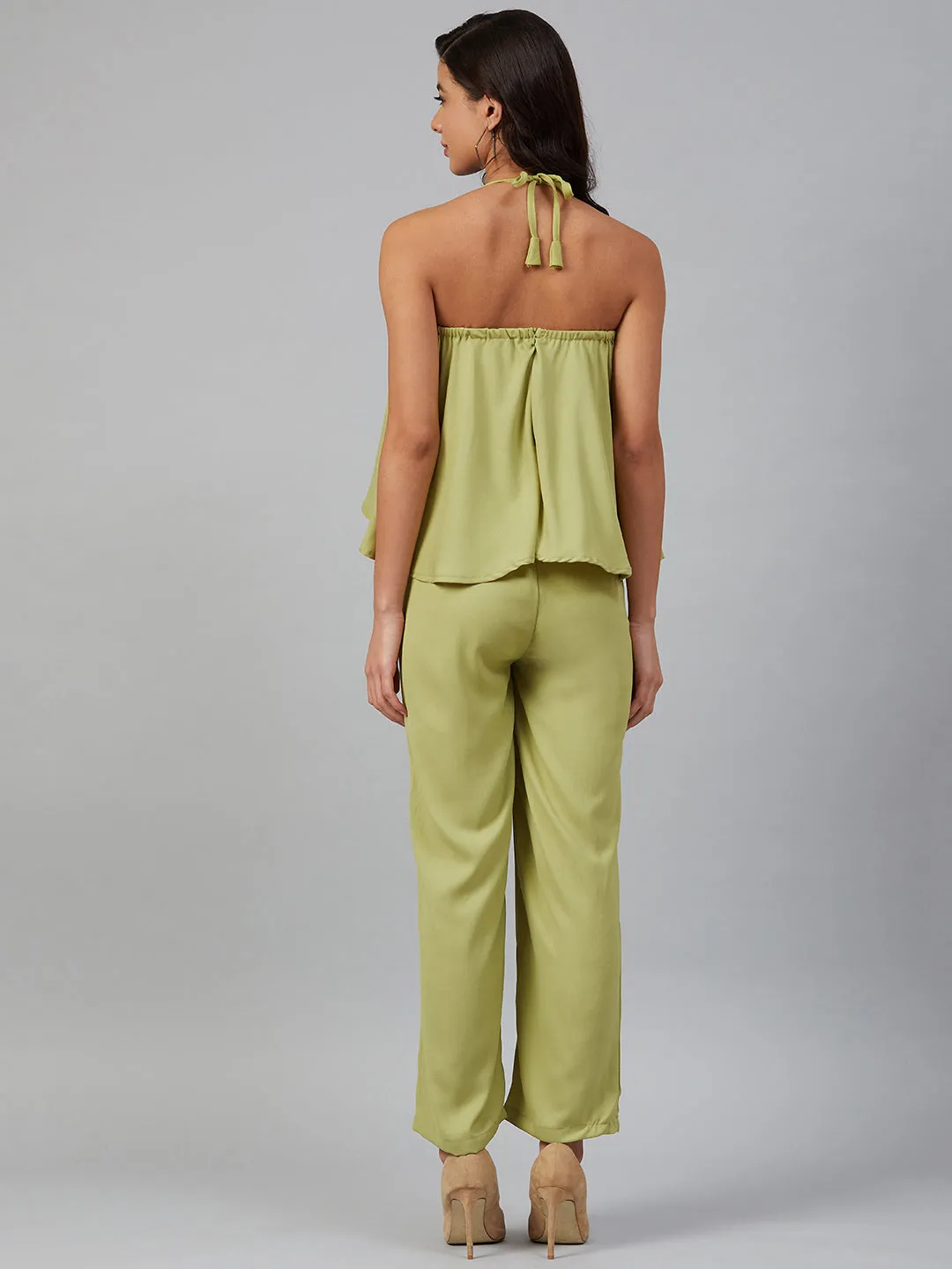 Jashvi Women Green-Coloured Solid Halter Neck Basic Jumpsuit