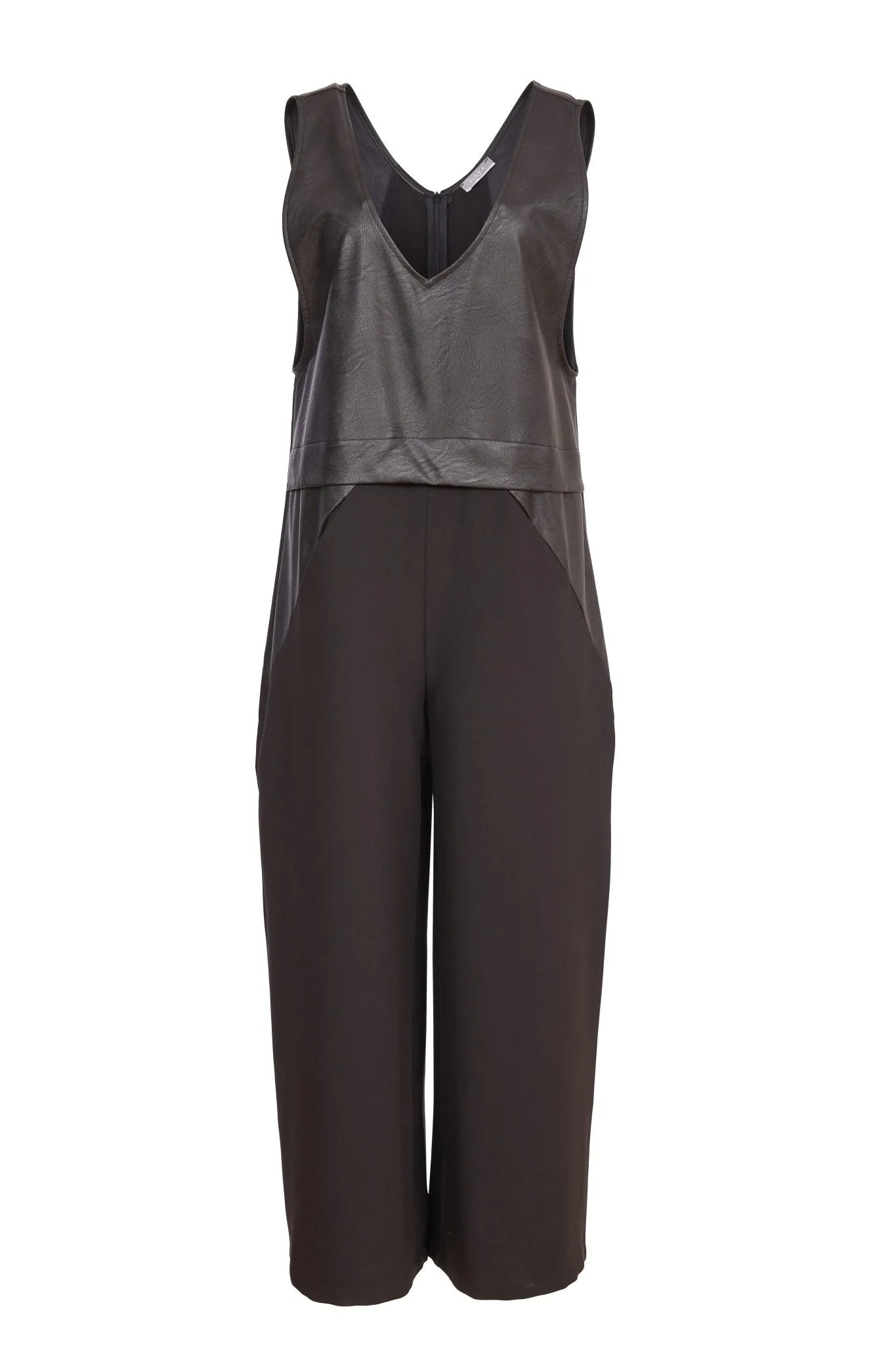 Jumpsuit with Leatherette Top Panel in Black