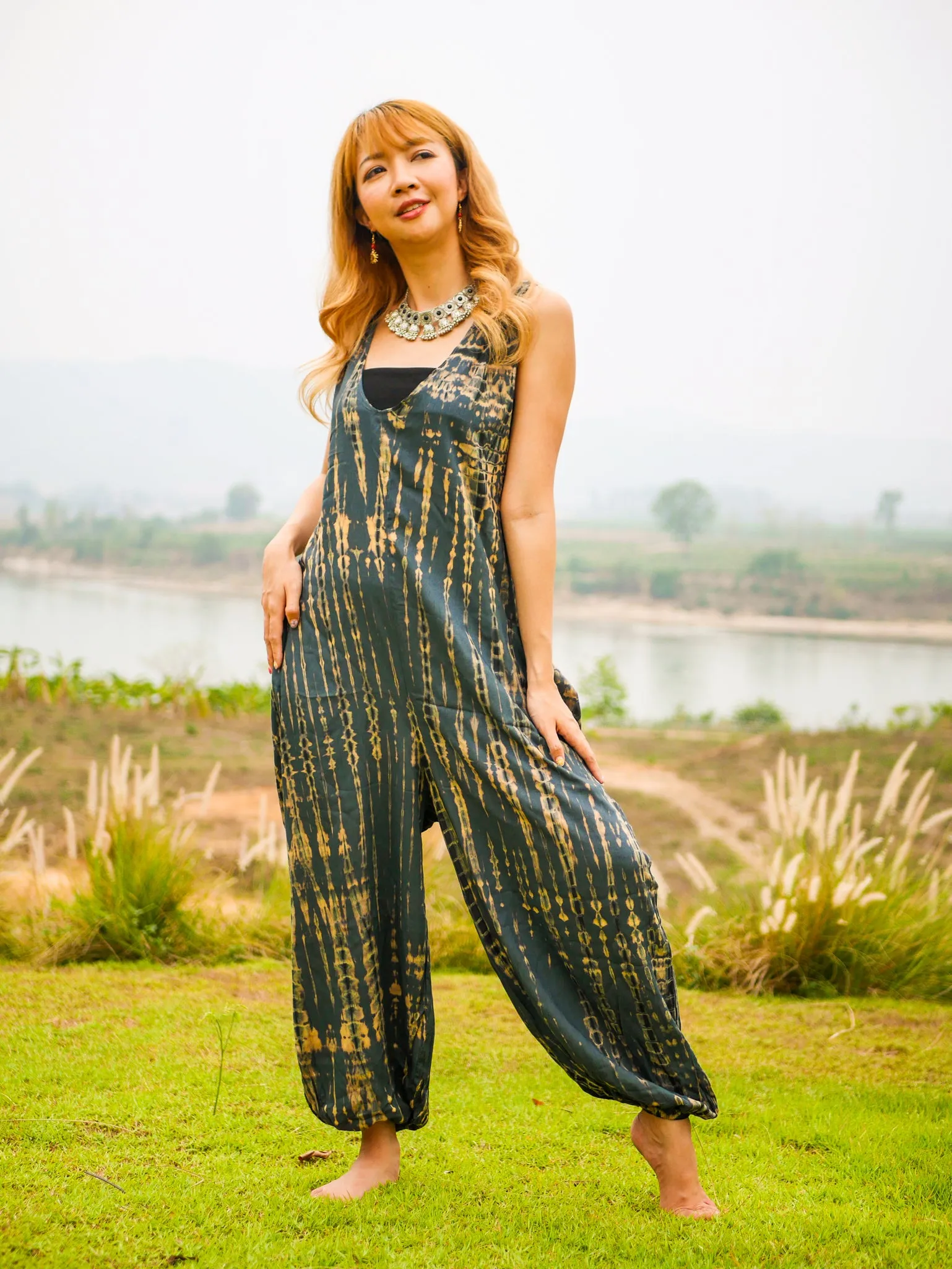 K0965- Hand Dyed  Hippie Racerback Jumpsuit Romper