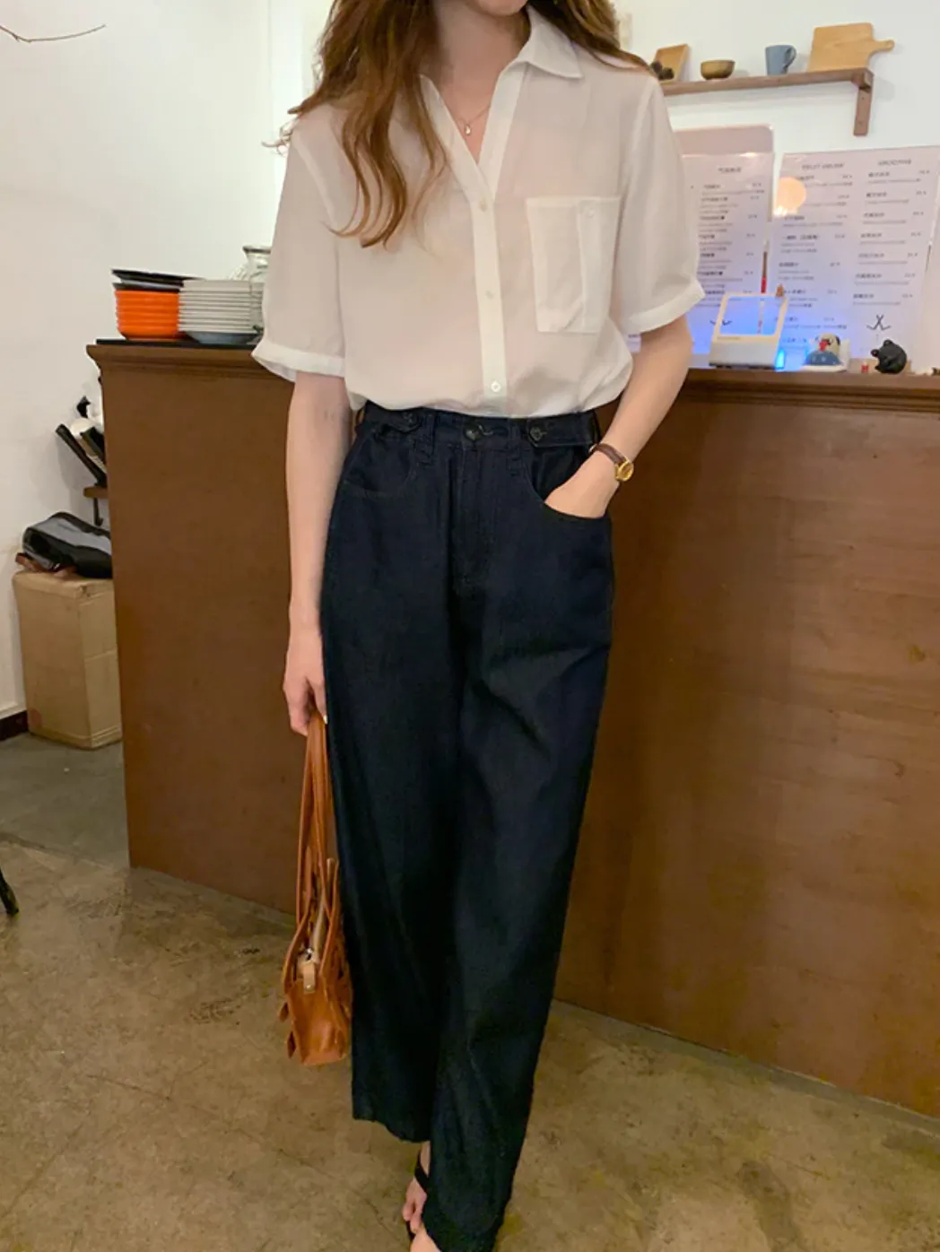 [Korean Style] Dark Wash Wide Leg Jeans w/ Adjustable Waist