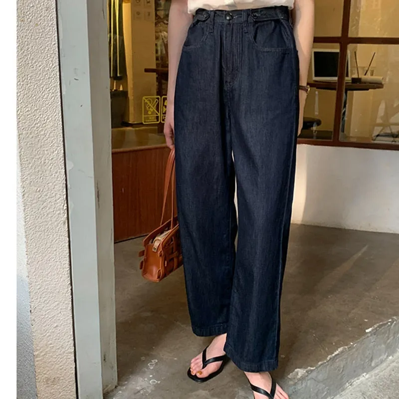 [Korean Style] Dark Wash Wide Leg Jeans w/ Adjustable Waist