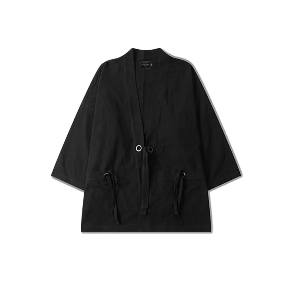 LACIBLE Thin Kimono Cardigan Jacket Coat Man Japanese Style Retro Windbreaker Men Loose Mid Sleeve Black Trench Casual Cotton