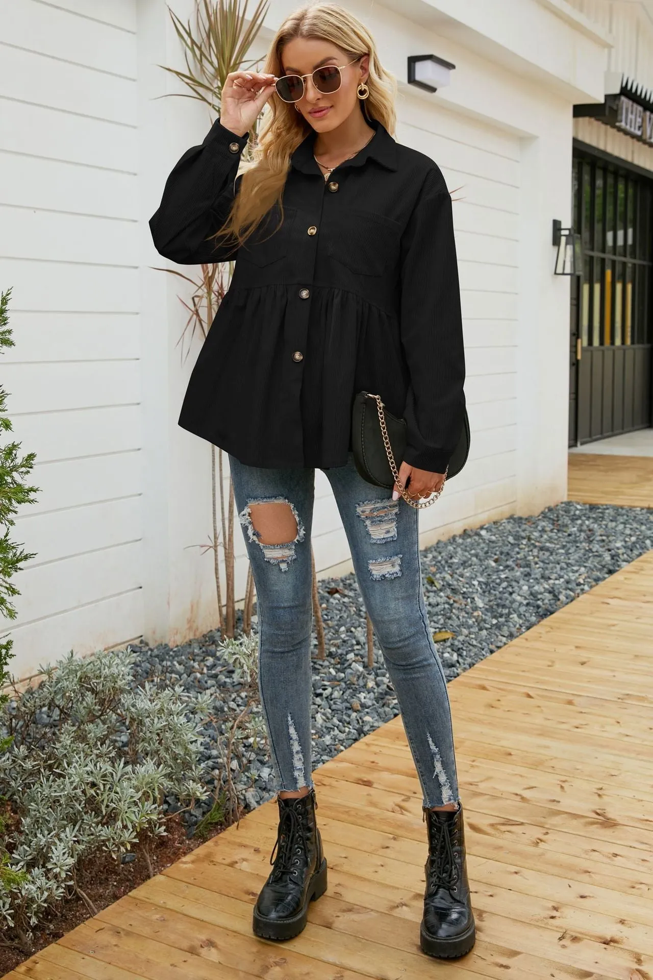 Ladies' Loose Lapel Pocket Button Jacket Coat