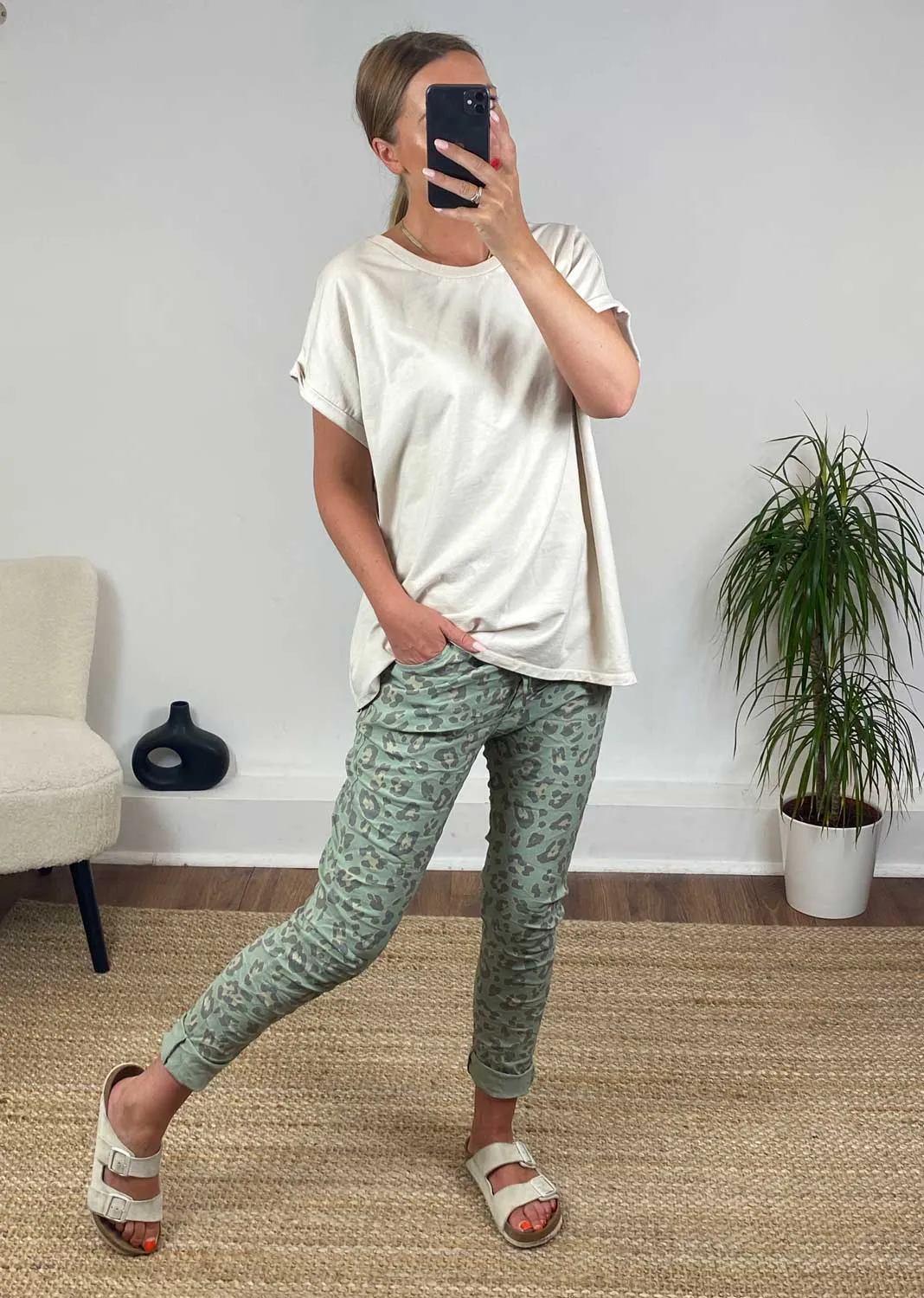 Leopard Tapered Magic Pants in Sage Green