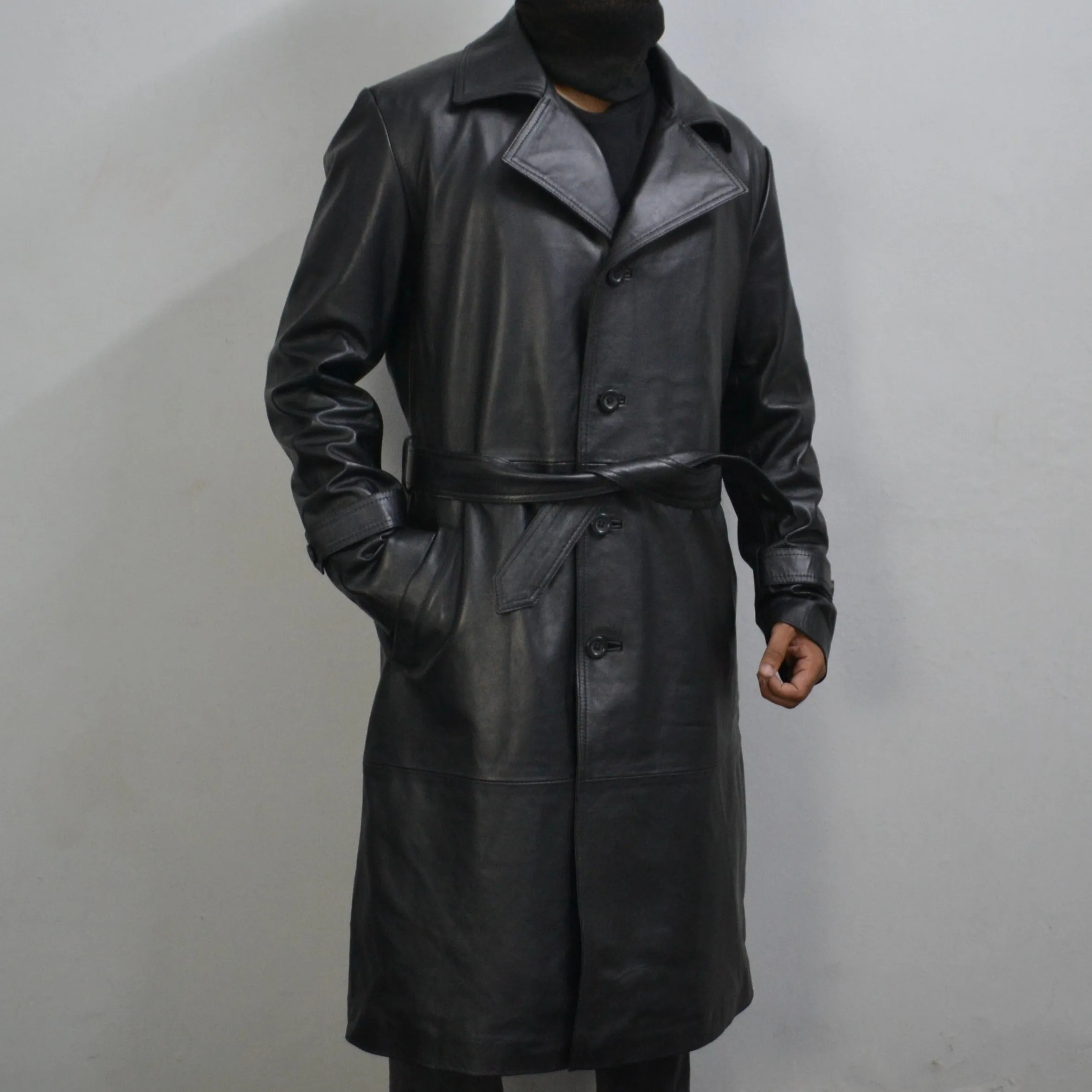 Men's Black Genuine Leather Mid-Length Belted Trench Coat