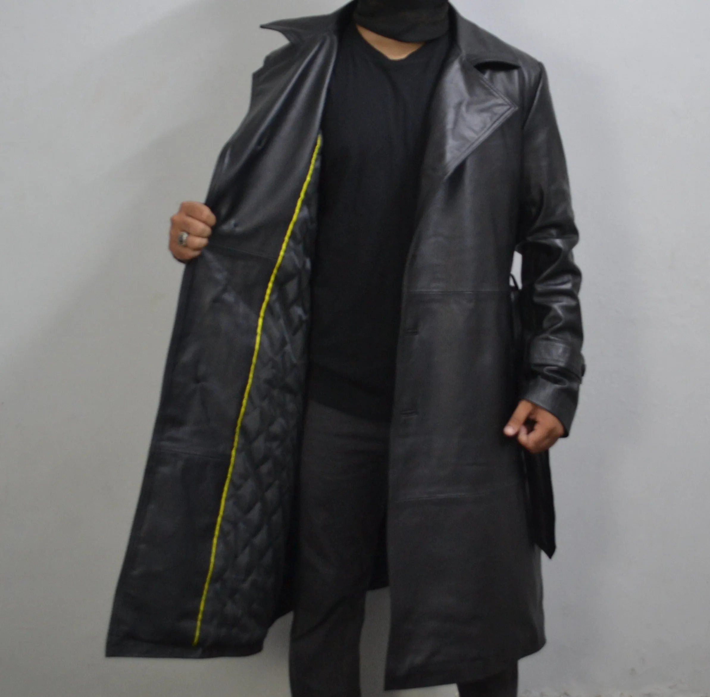 Men's Black Genuine Leather Mid-Length Belted Trench Coat