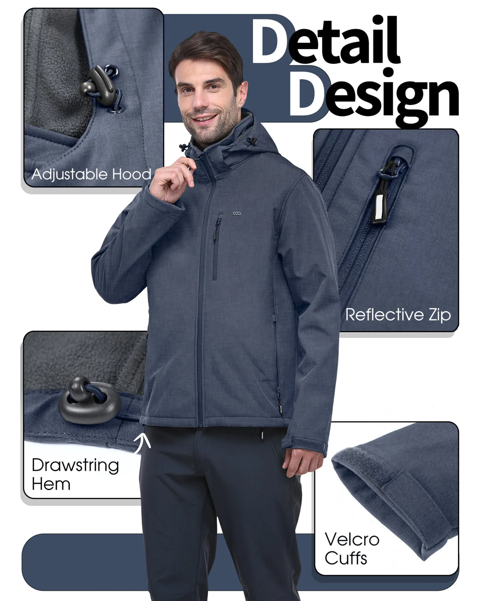 Men's Softshell Jacket with Hood Fleece Lined Windbreaker Lightweight Waterproof Jackets for Hiking