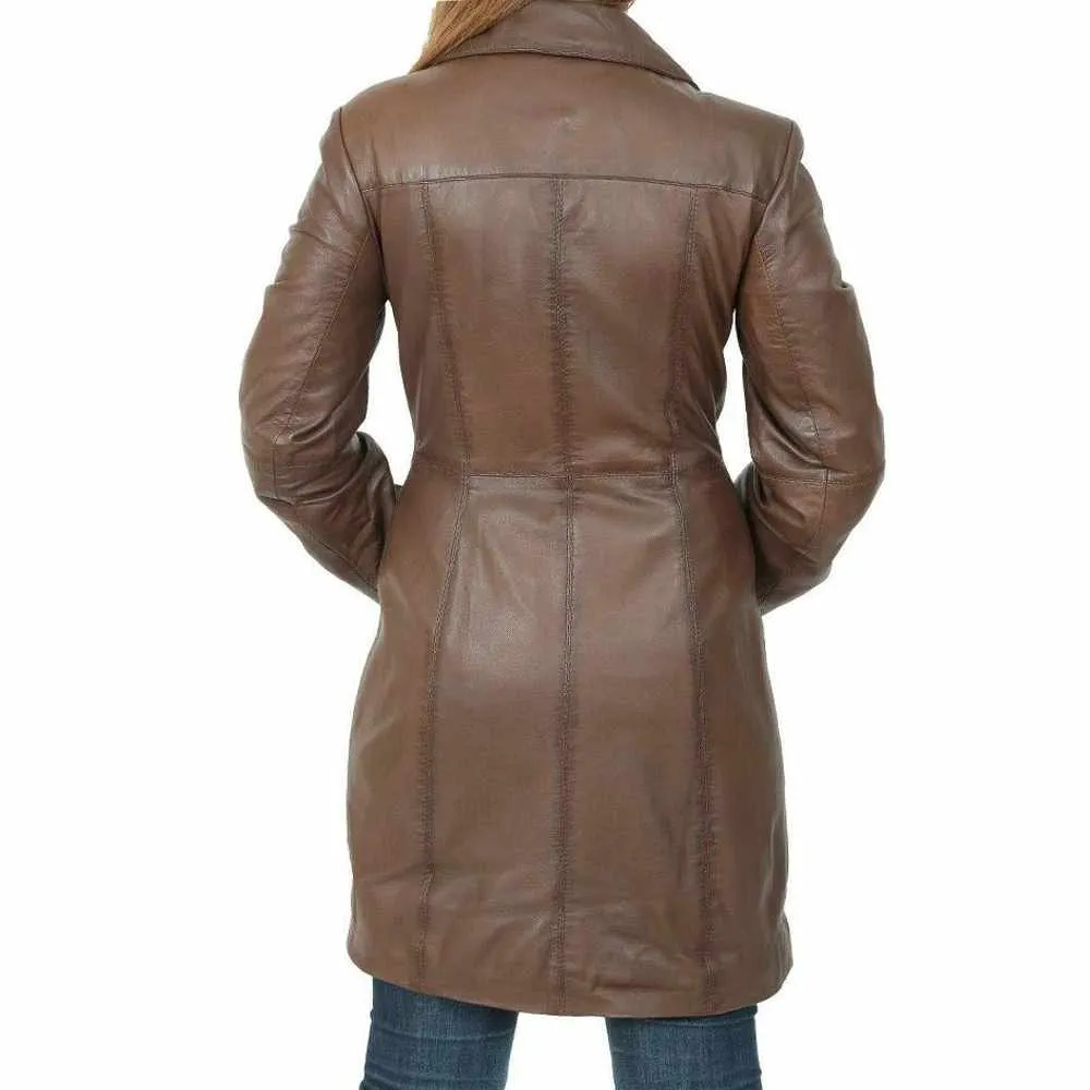 Mid Length Brown Leather Trench Coat Women