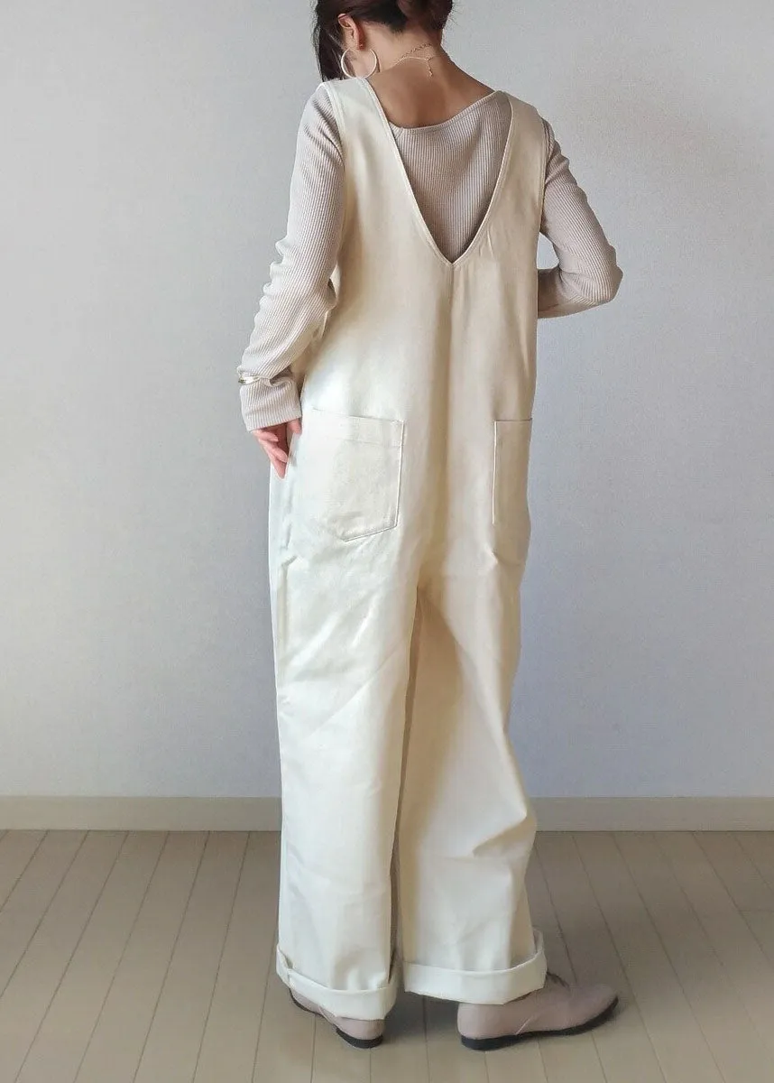 Natural White V Neck Zippered Patchwork Cotton Wide Leg Jumpsuits Sleeveless