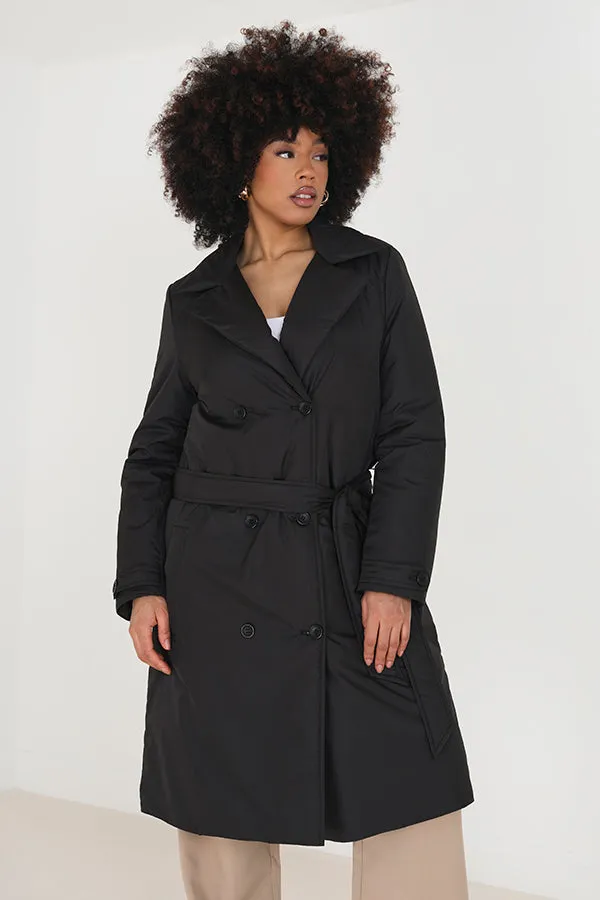 PADDED DOUBLE BREASTSED TRENCH COAT WITH TIE BELT