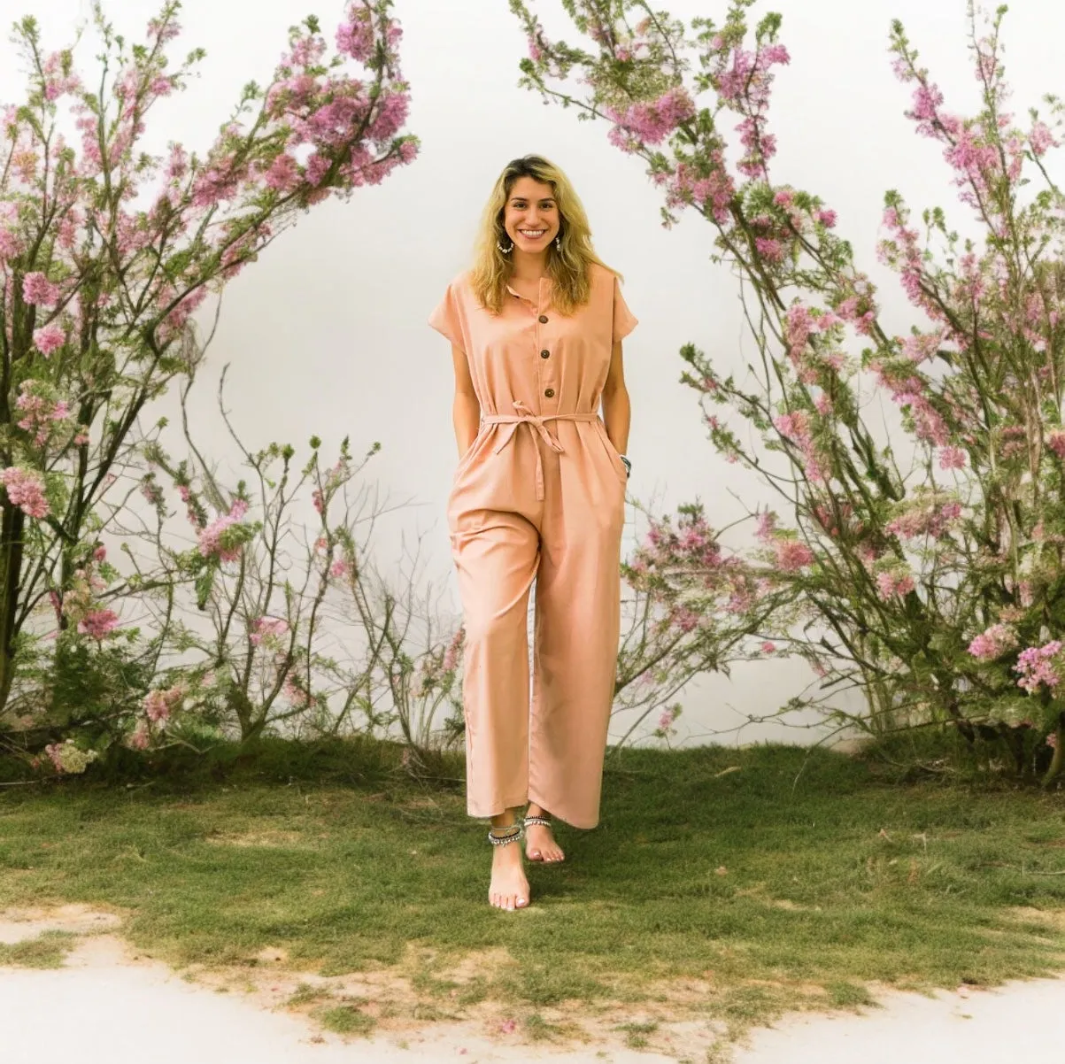 Peach Natural Cotton Jumpsuits with Pockets