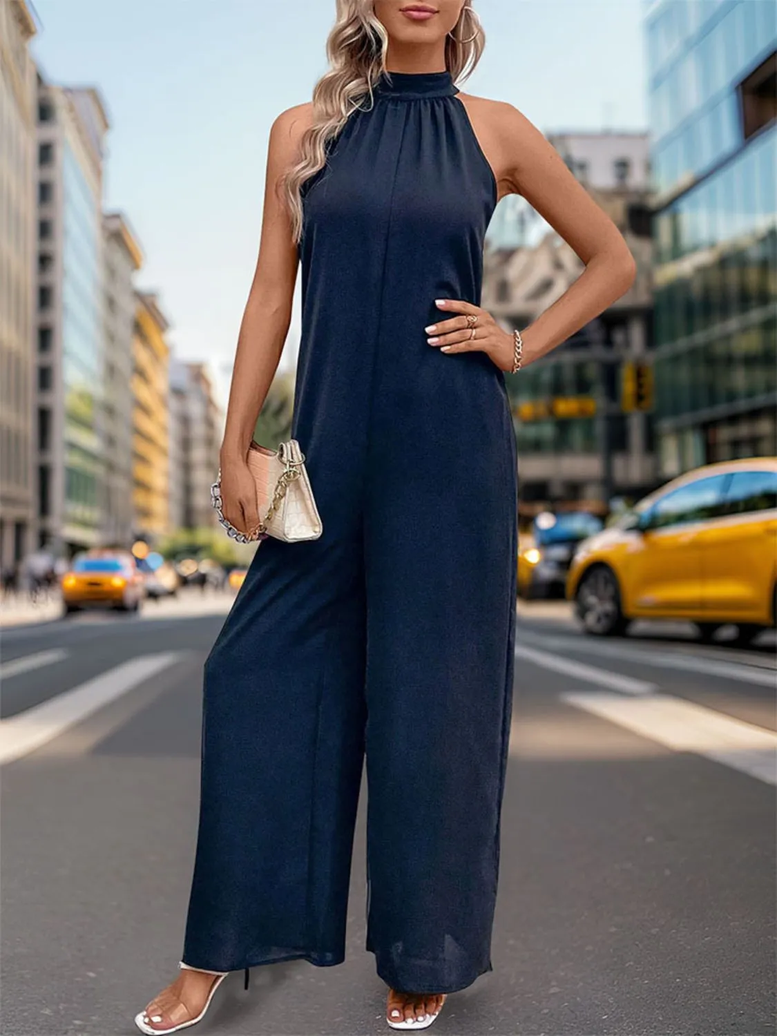 Perfee Tied Grecian Wide Leg Jumpsuit