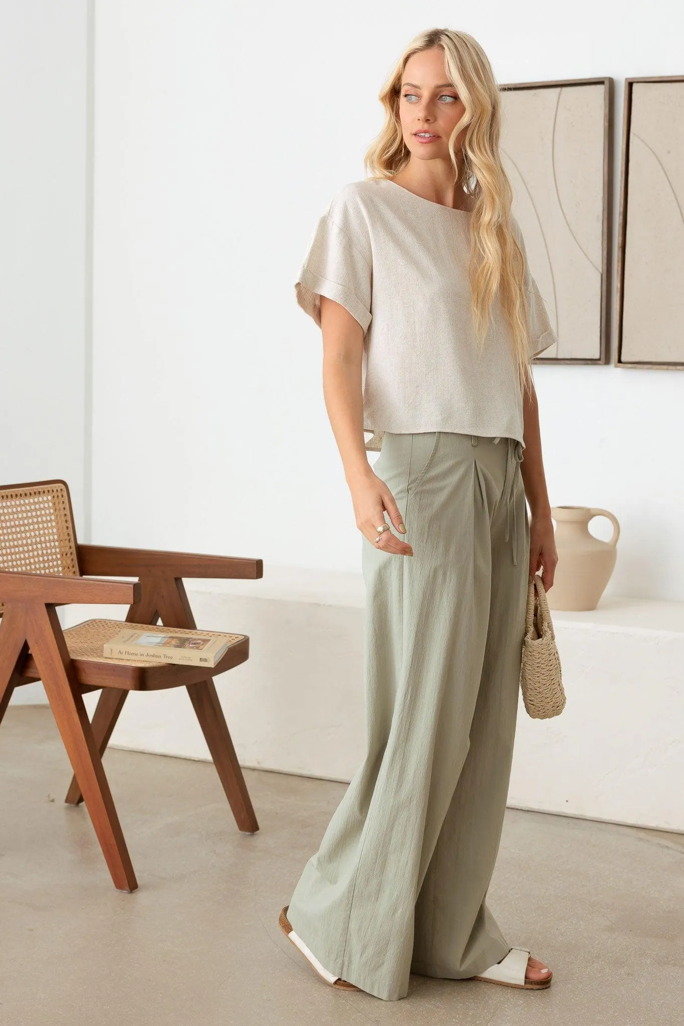 Pleated Front Tie High Waist Wide-Leg Pants