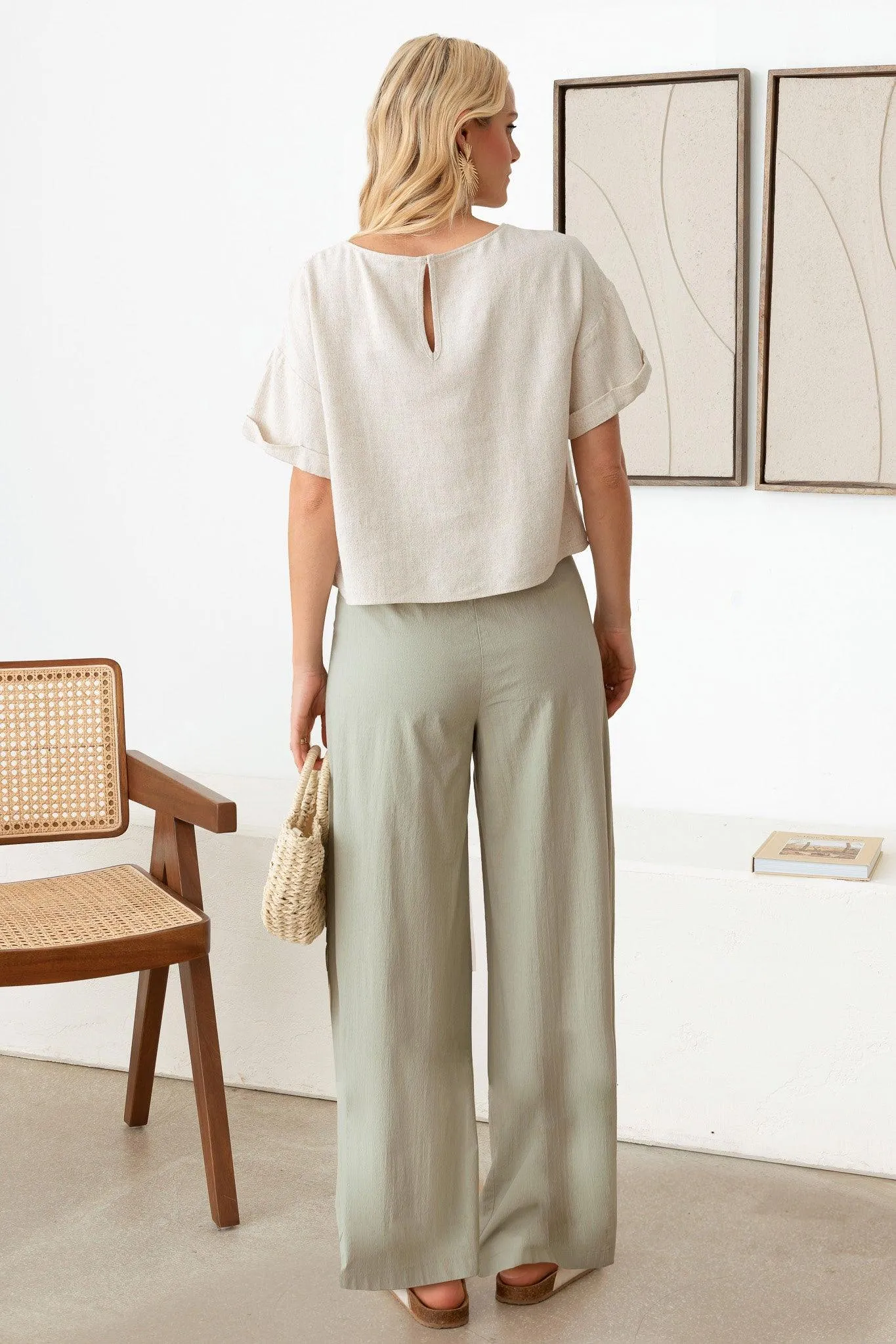 Pleated Front Tie High Waist Wide-Leg Pants