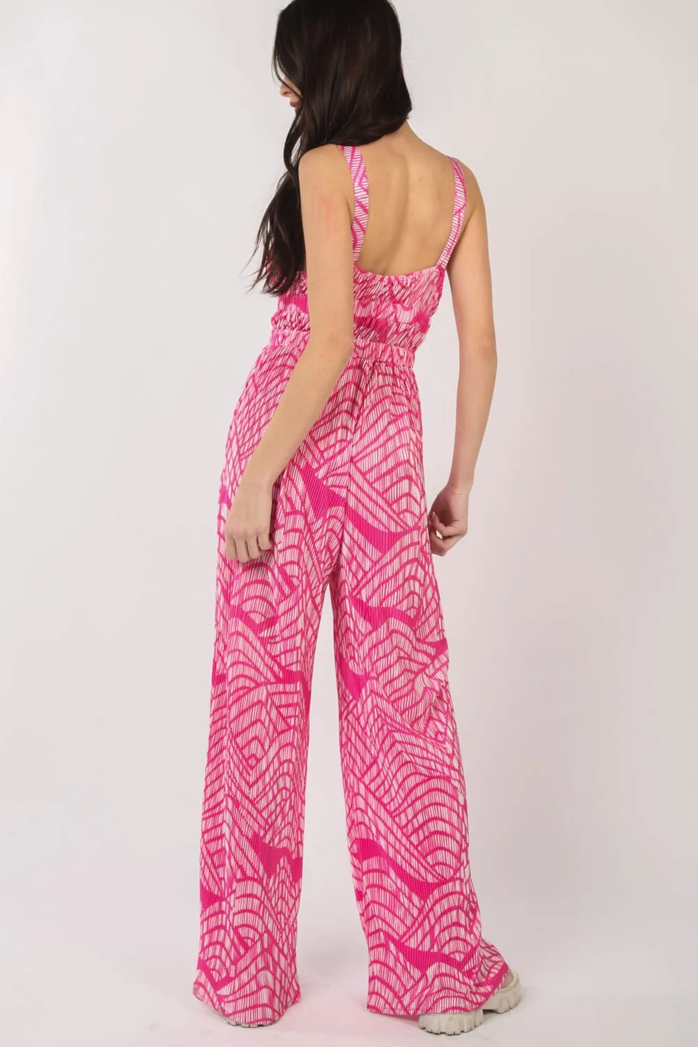 Printed Pleated Sleeveless Wide Leg Jumpsuit