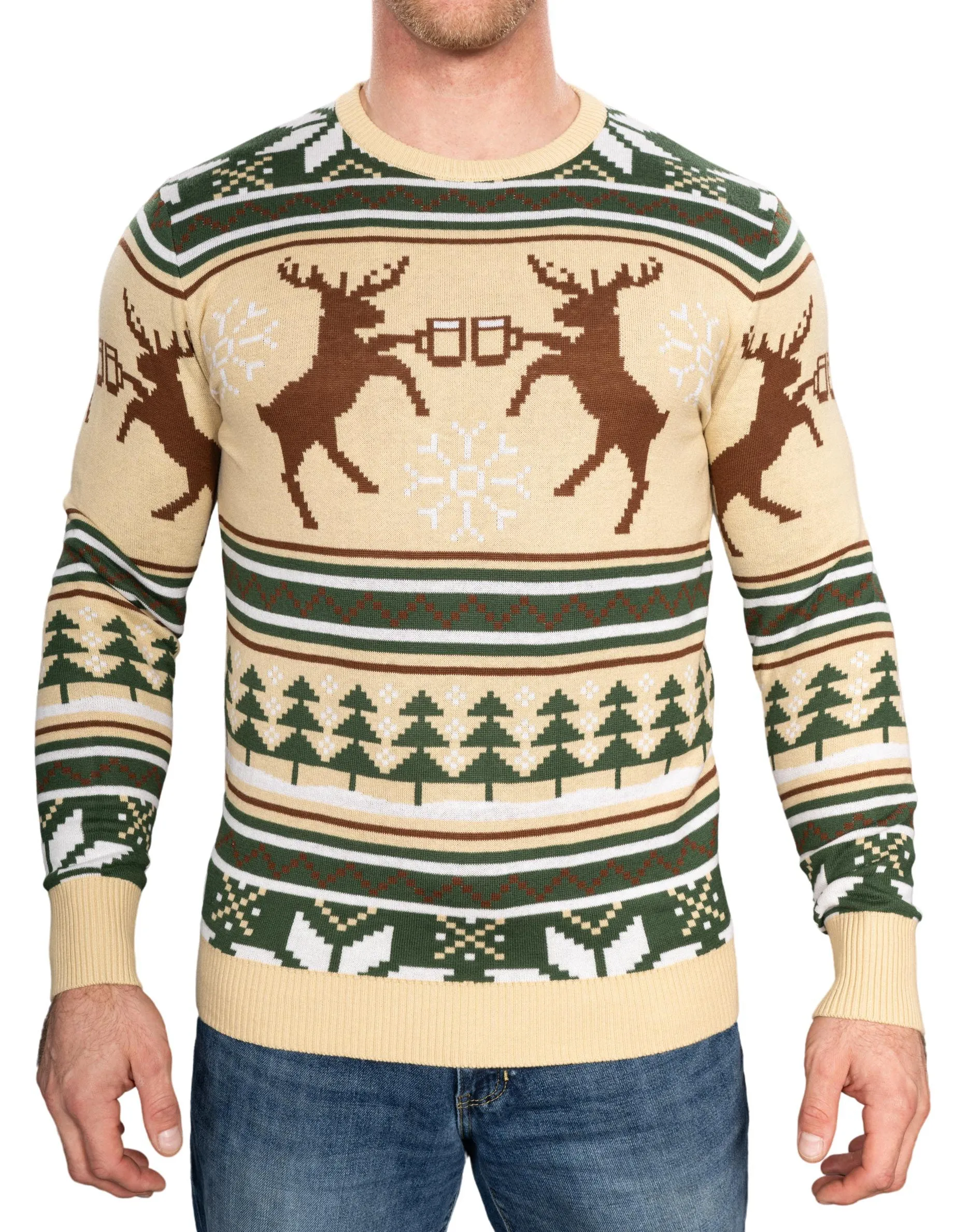 Reindeer Cheers Holiday Season Snowflakes Adult Unisex Fully Knitted Ugly Christmas Sweater