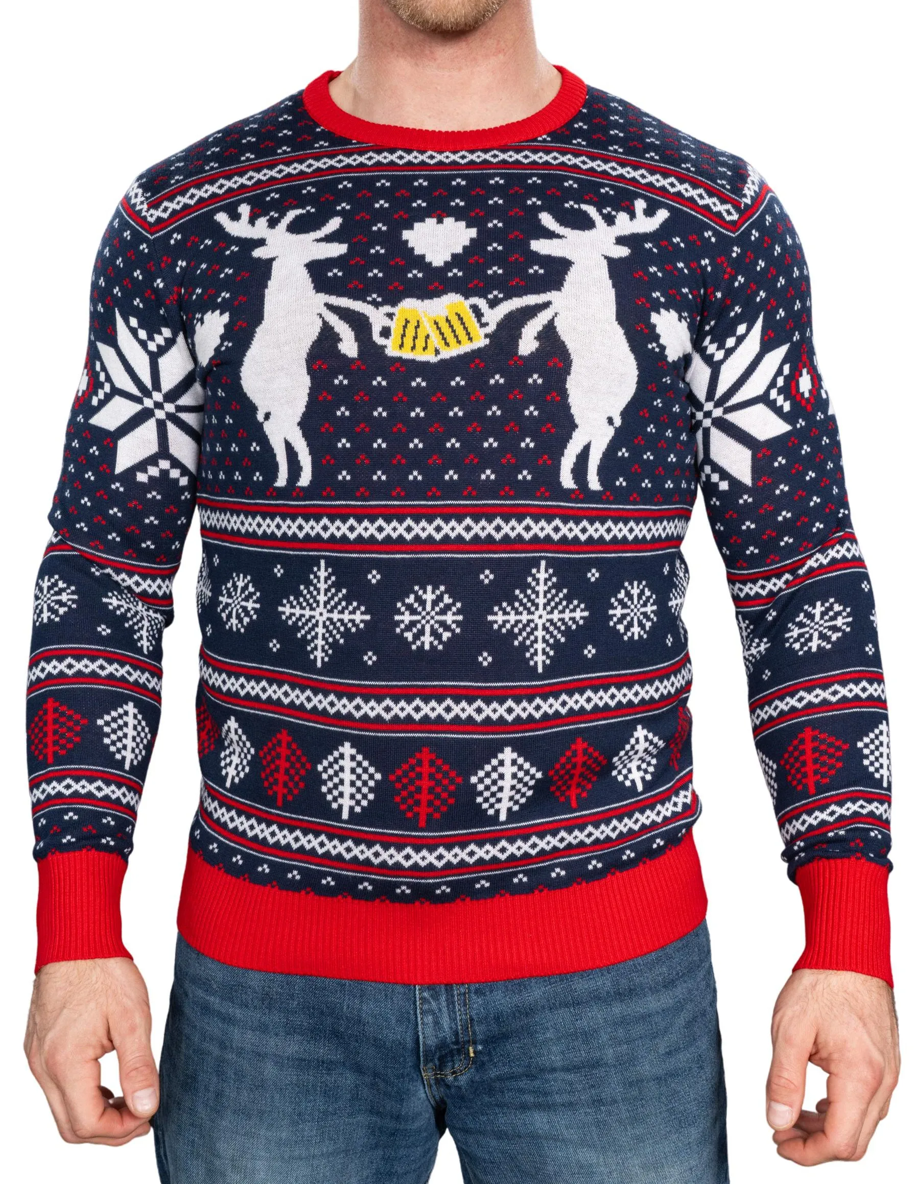 Reindeer Cheers Holiday Season Snowflakes Adult Unisex Fully Knitted Ugly Christmas Sweater