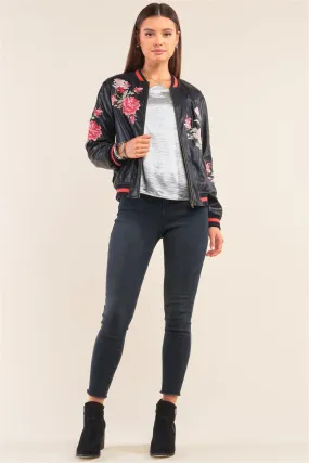 Rosa Black Vegan Leather Floral Embroidery Striped Hem Bomber Jacket /3-3