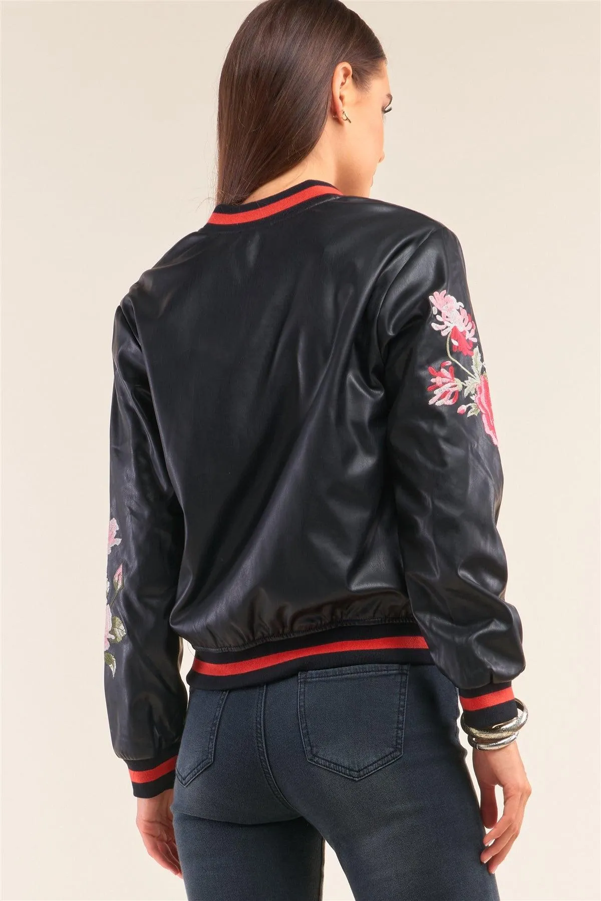 Rosa Black Vegan Leather Floral Embroidery Striped Hem Bomber Jacket /3-3